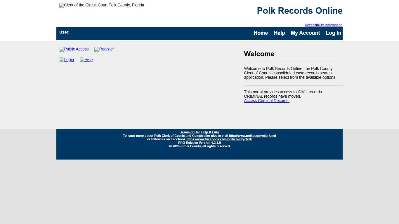 Welcome to Polk Records Online, the Polk County Clerk of Court’s consolidated case records search application. Please select from the available options.