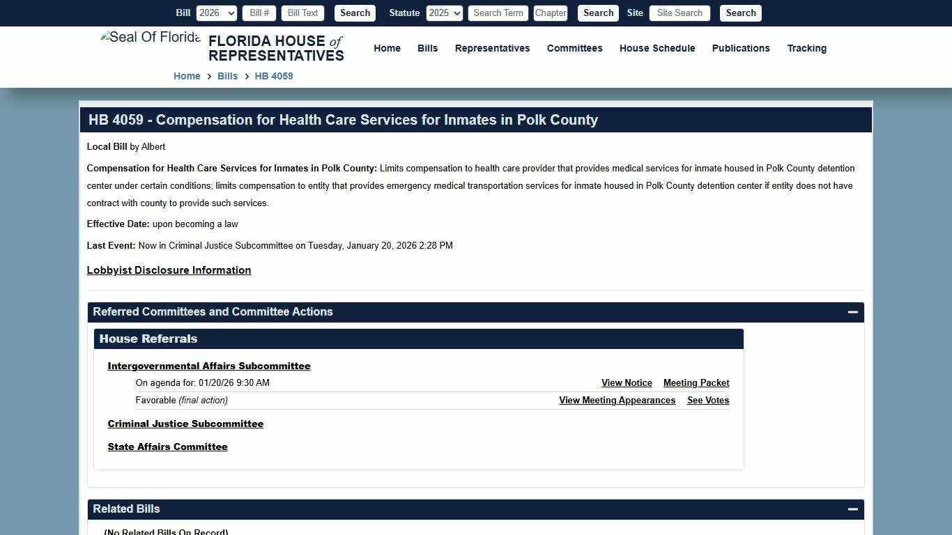 HB 4059 (2026) - Compensation for Health Care Services for Inmates in Polk County Florida House of Representatives